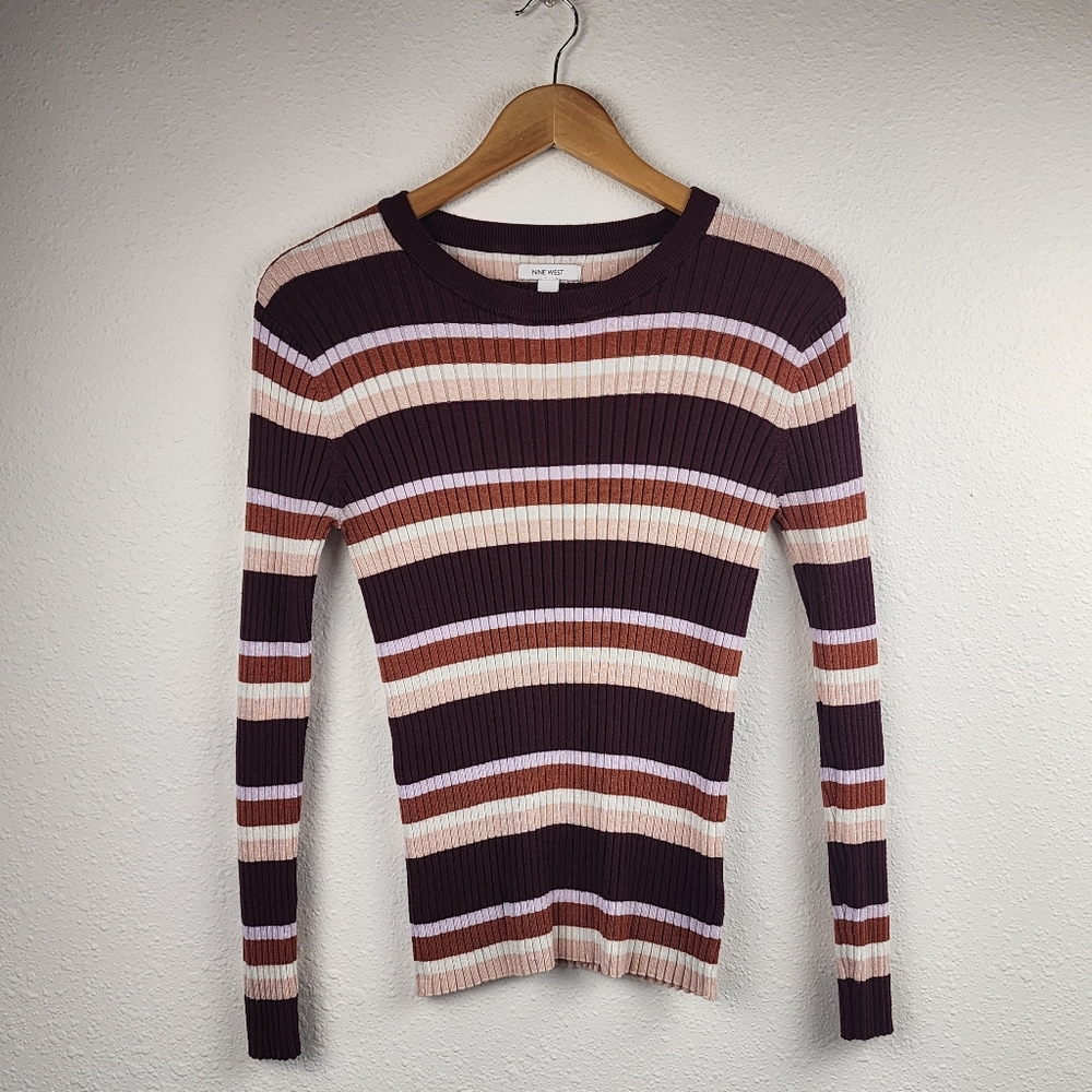 Nine West Ribbed Stripe Sweater XL Maroon Pink Brown Long Sleeve Stretch Top